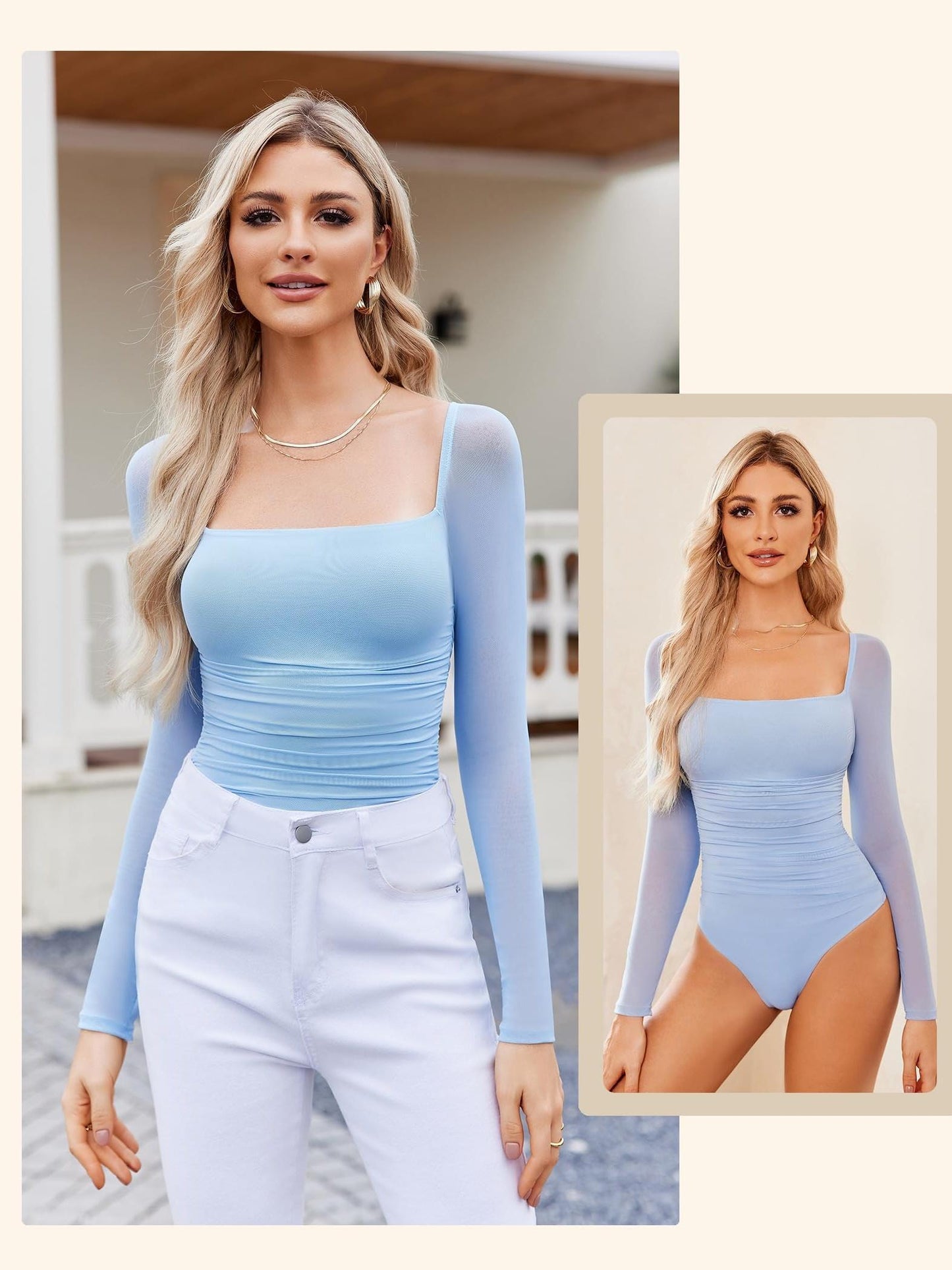 Women'S Square Neck Mesh Long Sleeve Bodysuit Shirts Ruched Body Suit Sexy Sheer Tops Date Night Outfit