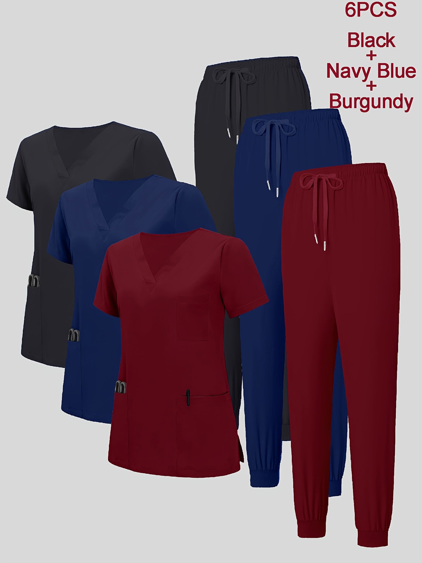 6pcs Set of Women'S V-Neck Matte Breathable Uniform Pocket Hand Washing Work Clothes Brush Hand Clothes Tying Feet Pants Set