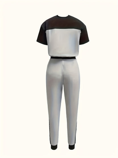 Stylish And Relaxed Color-Blocked Round-Neck Short-Sleeve T-Shirt Paired with Long Pants