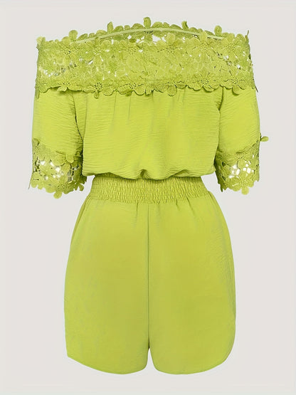 Off Shoulder Floral Dec Short Sleeve Casual Cinch Waist Jumpsuit