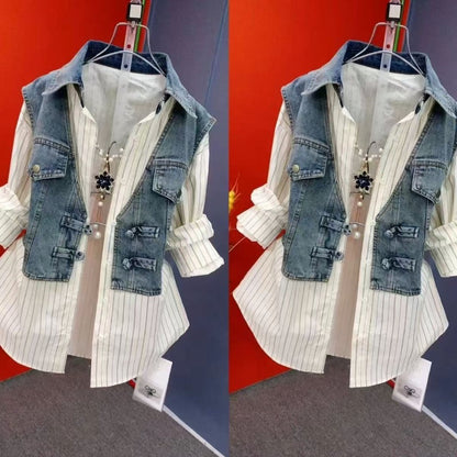 Easy on Denim Shacket for Women, No Zipper Button Two Layer Look Jacket, Spring 2026 Casual Blazer, Versatile Plus Size Coat
