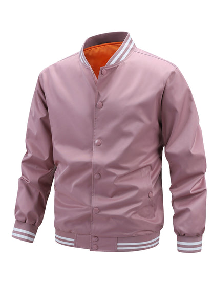 Men'S Plus Size Lightweight Varsity Jacket - Preppy Style, Baseball Collar, Button-Up, Solid Color with Striped Accents, Polyester, Machine Washable & Dry Cleanable, with Pockets, Sports Jacket|Loose Fit Jacket|Glossy Finish Jacket, PLUS SIZE