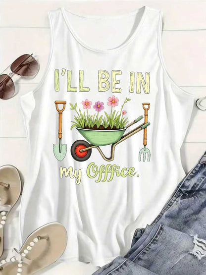 [Women's Vest Top] Sleeveless Vest, I Will Be in My Office, Garden Cart Print, Women's Casual Loose Breathable Vest Top, Beautiful Back Outdoor Lightweight T-Shirt, Fashionable Round Neck Sweatshirt for Women