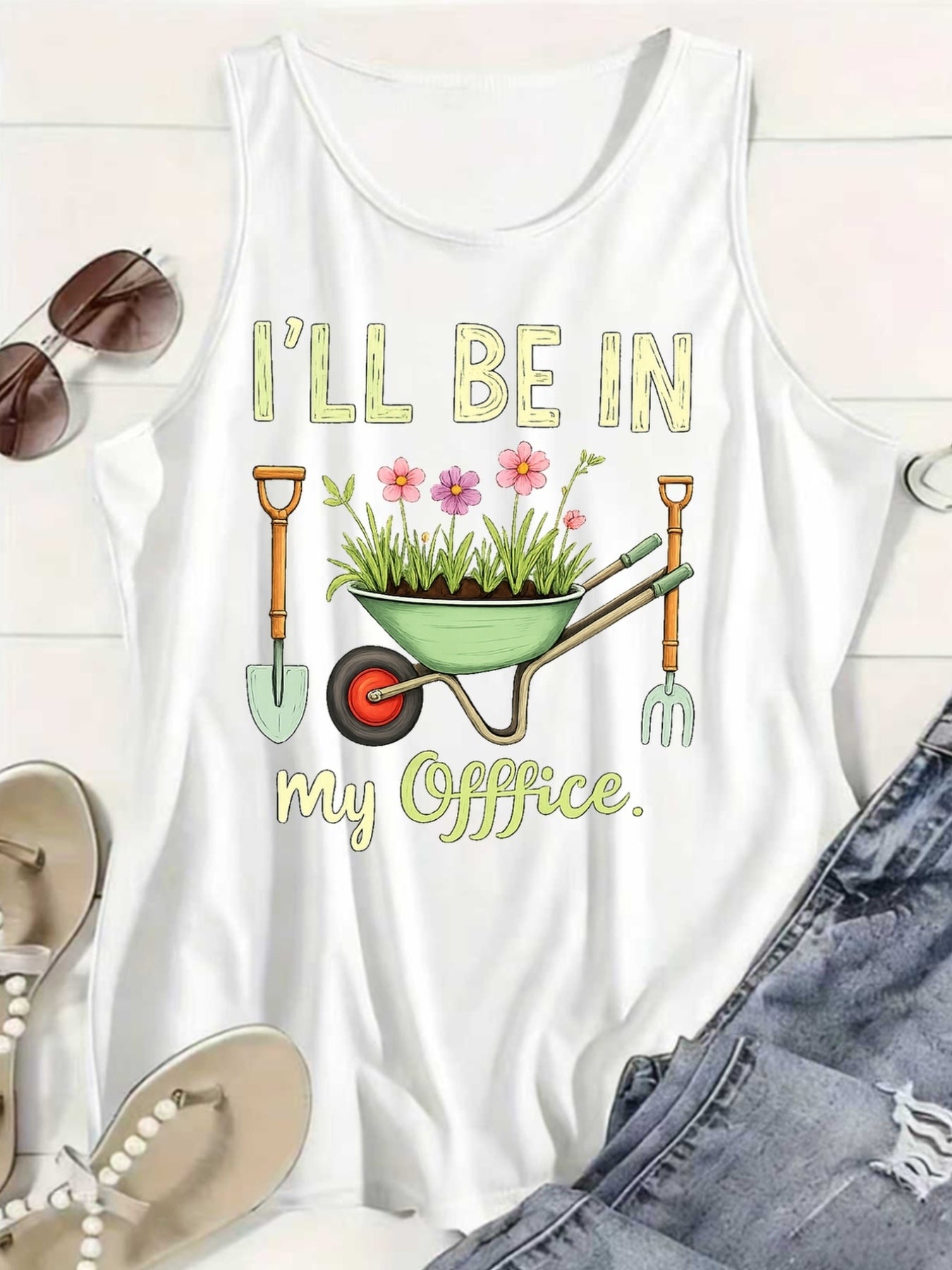 [Women's Vest Top] Sleeveless Vest, I Will Be in My Office, Garden Cart Print, Women's Casual Loose Breathable Vest Top, Beautiful Back Outdoor Lightweight T-Shirt, Fashionable Round Neck Sweatshirt for Women