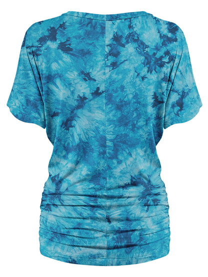 Women's Short Sleeve V Neck Tie-Dye Dolman Top w/Side Shirring