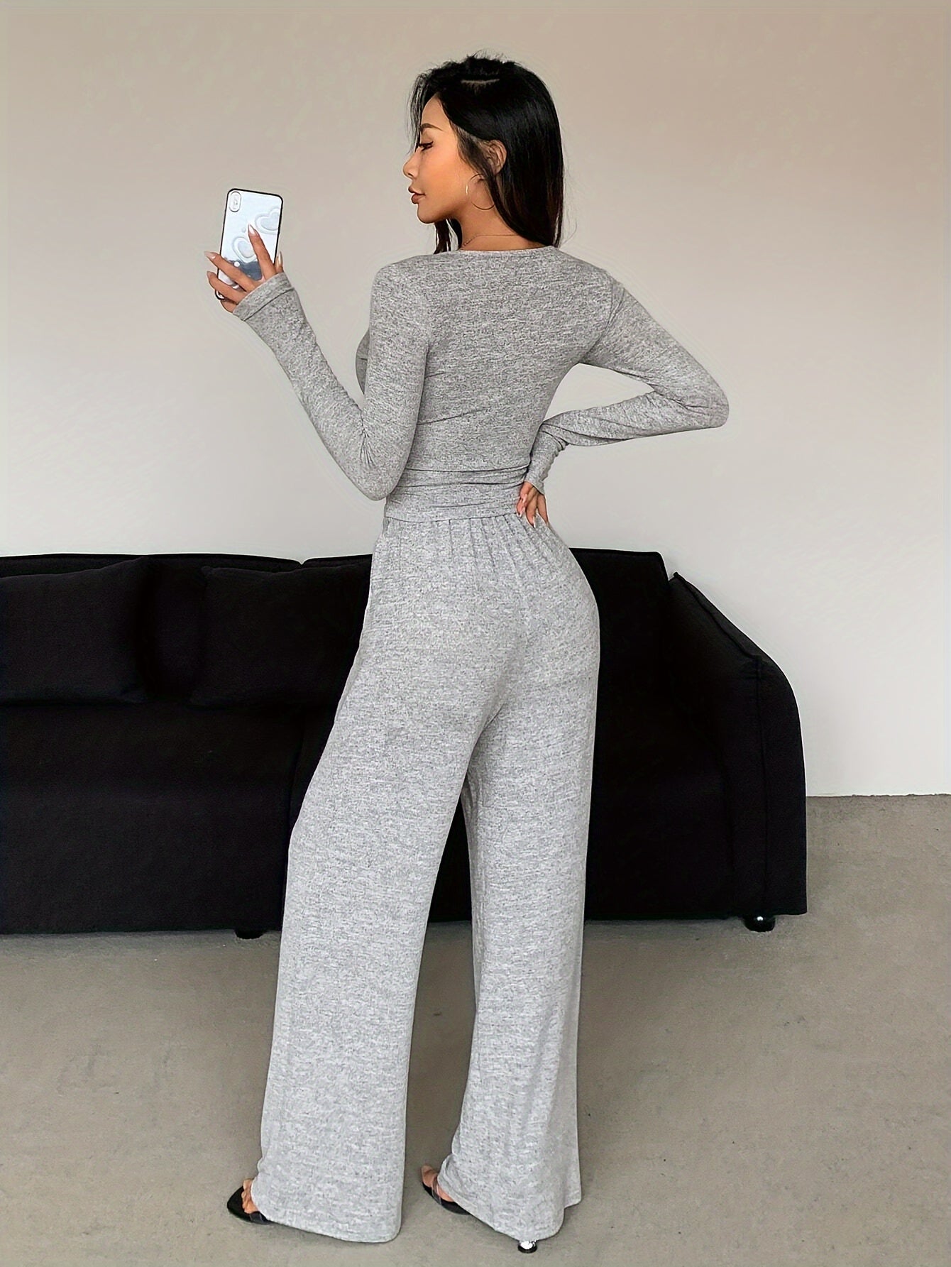Casual And Comfortable Gray Pajamas And Pants, 2pcs Set of Women'S Spring Autumn Winter Long Sleeve Open Top Pajamas, V-Neck Button-Up Top And Wide Leg Pants Design, Suitable for Home Leisure And Daily Street Scenes