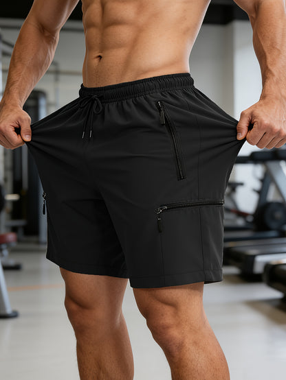 Men's Quick Dry Multi-Pocket Zipper Shorts, Elastic Waist Drawstring, Lightweight Breathable Fabric, Casual Sports Workout Running Hiking Shorts, Summer Outdoor Cargo Shorts for Men with Secure Zippered Pockets