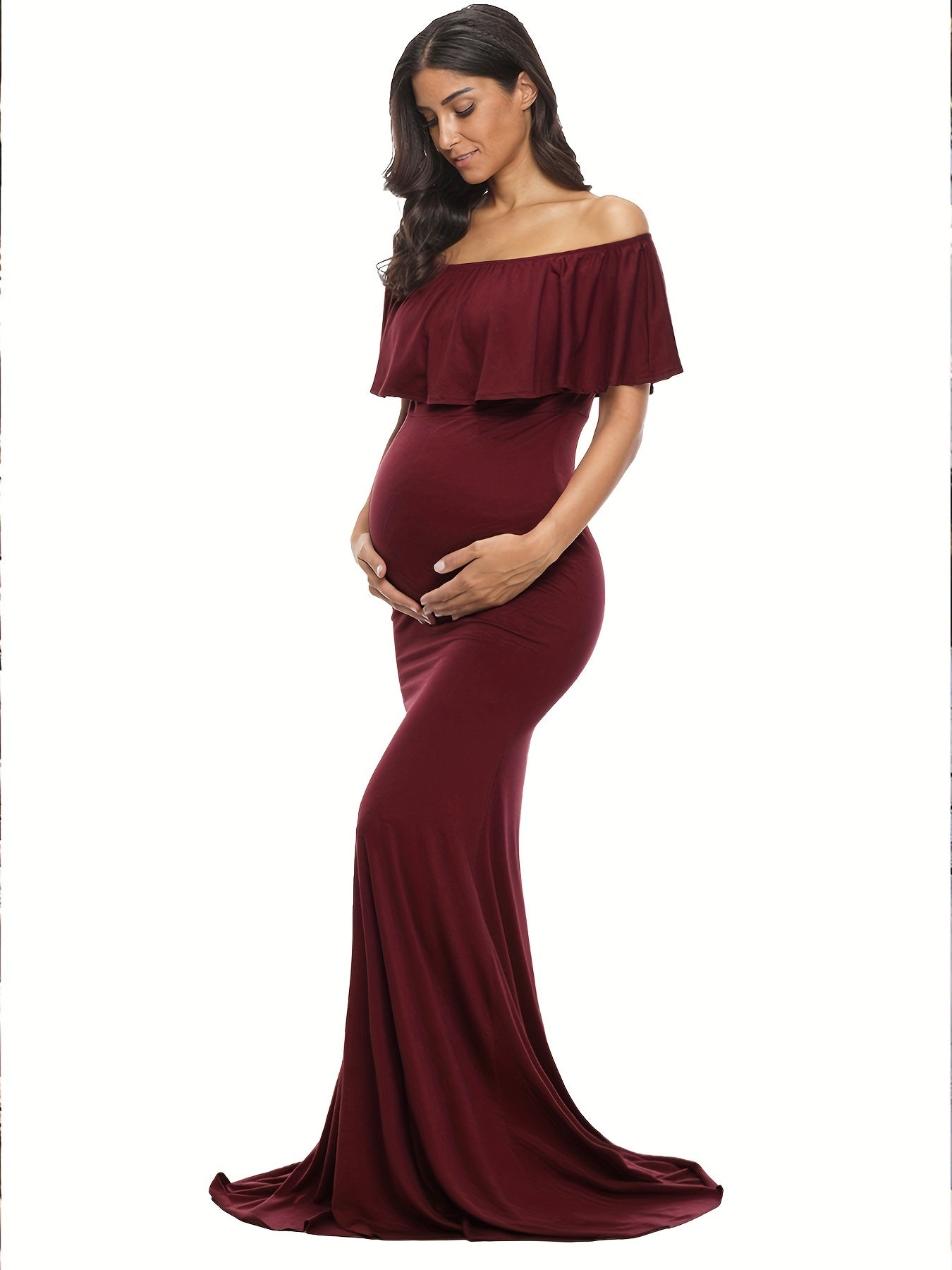 Womens Off Shoulder Maternity Dress Ruffles Elegant Slim Gowns Fit Maxi Photography Dress