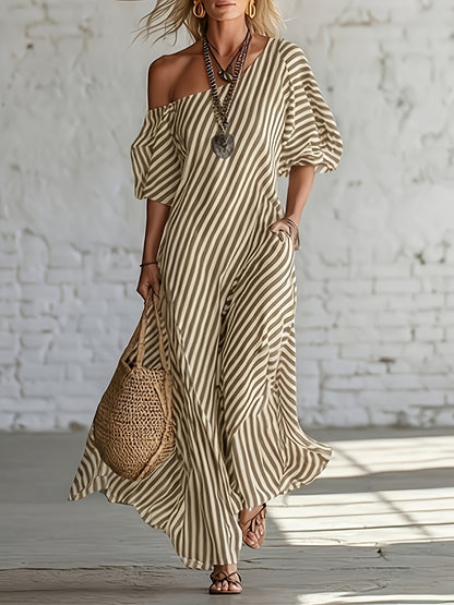 Women's Casual Striped Maxi Dress - Asymmetrical One Shoulder, Puff Sleeve, Loose Fit with Pockets, Summer Beachwear