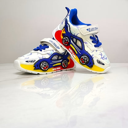 New Cartoon Car LED Light-Up Kids Sports Shoes, Non-Slip PVC Sole, All-Season Athletic Casual Shoes for Boys And Girls Ages 3-6.