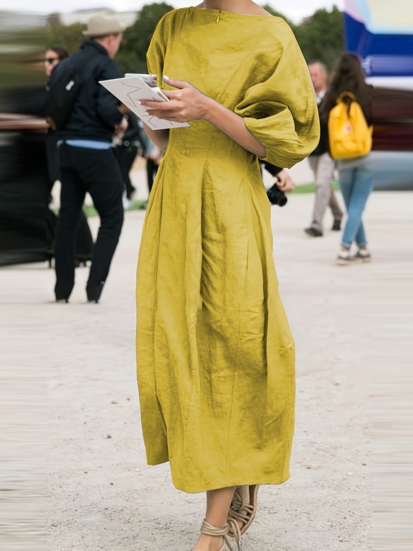 [Linen Puff Sleeve Dress] Summer Loose Linen Dress Solid Color Round Neck Puff Sleeves Casual Streetwear High Waist Midi Dresses