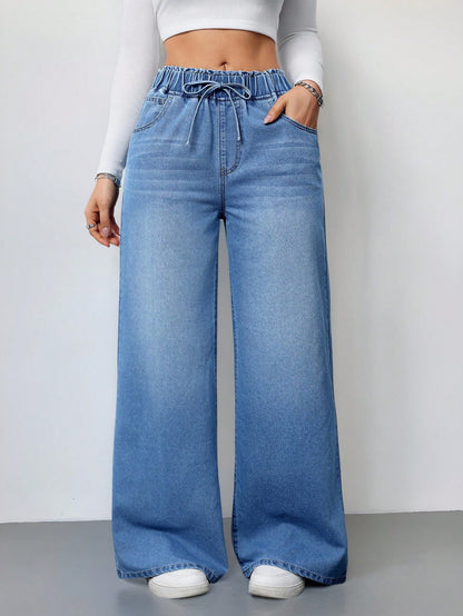 High-Waisted Wide-Leg Jeans, Super Charming Elastic Waist Thin Pants, Solid Color Washed, 2025 Autumn and Winter New