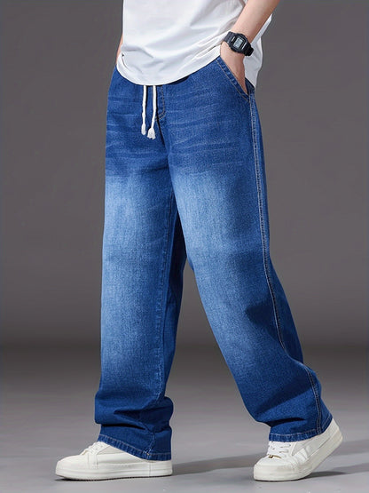 Large Size Jeans Men's Straight Leg Loose Fit Elastic Pants with Added And Extra Pants Elastic Waist Men's Simple And Versatile Denim Pants Men's Jeans Four Season Style, PLUS SIZE