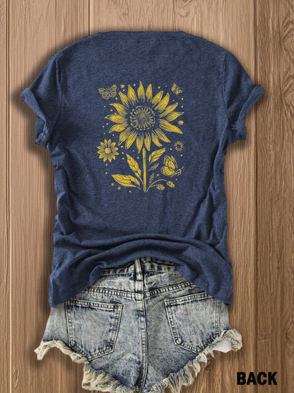 Women'S T-Shirt with Prints on Both Sides, a Gift for Independence Day on June 1St - Attractive Sunflower Design T-Shirt - Retro Style Patterned Top for Women, Perfect for Summer And Casual Outings, Stylish Floral Design