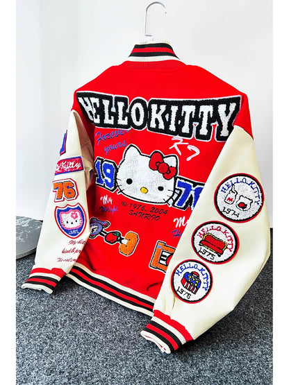 for sanrio Licensed Women'S Jacket Featuring Hello Kitty And Kuromi Patches - Lightweight Spring And Autumn Coat, Cute Anime Character Outerwear, Perfect For Parties And Everyday Wear - Iconic Brand Accessories (a Must-have For Sanrio Fans)