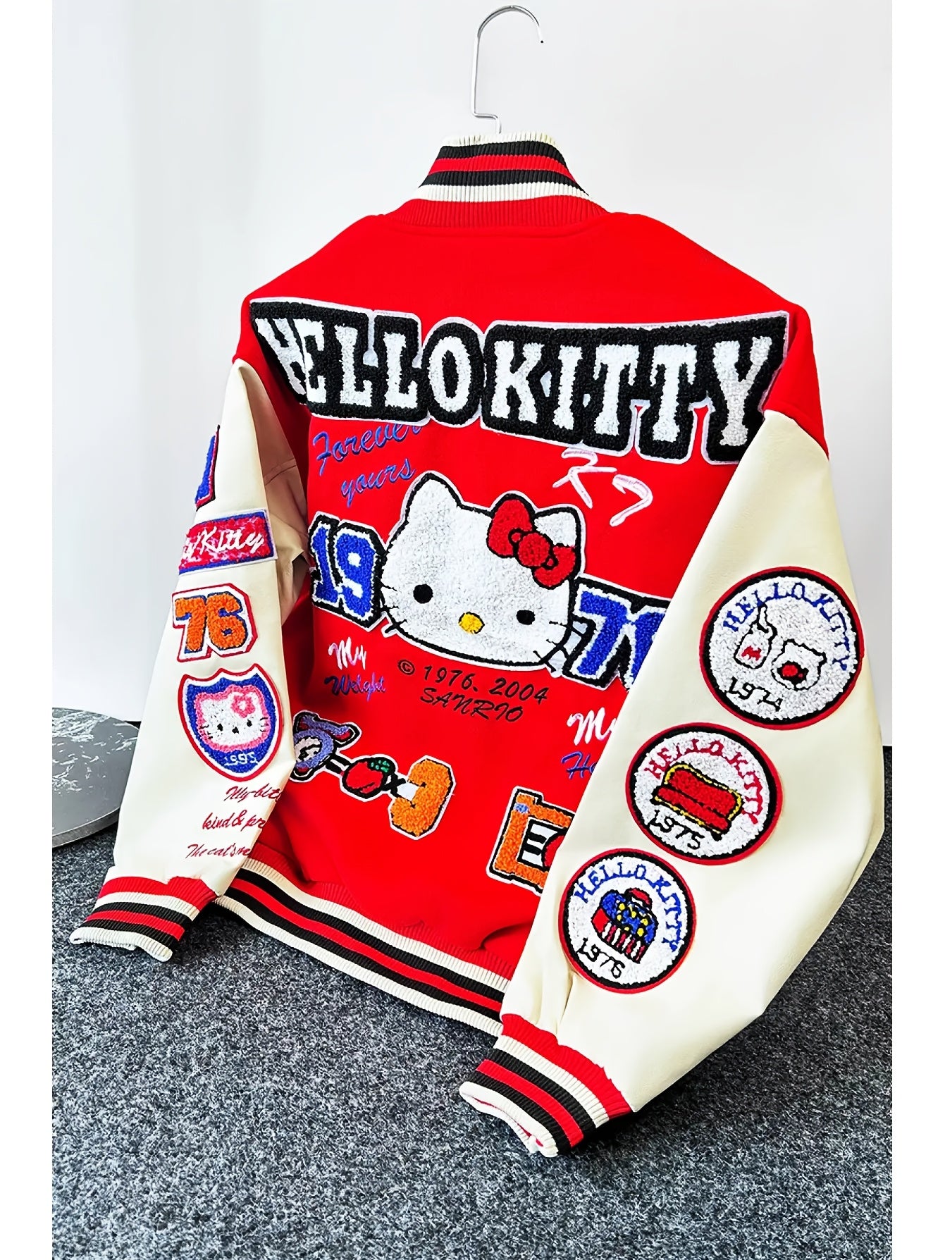 for sanrio Licensed Women'S Jacket Featuring Hello Kitty And Kuromi Patches - Lightweight Spring And Autumn Coat, Cute Anime Character Outerwear, Perfect For Parties And Everyday Wear - Iconic Brand Accessories (a Must-have For Sanrio Fans)