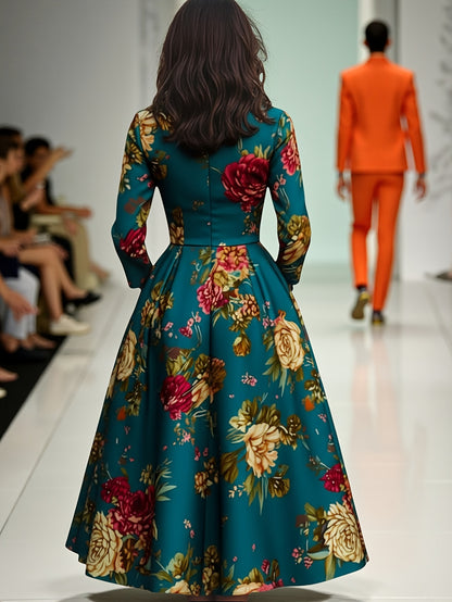Women' Dark Green Floral Midi Dress with Fitted Bodice & Flowy - Waist-Tie, Crew Neck Retro Dress for Fall/Winter, Date Night, Wedding Guest, - Hand Washable Non-Stretch Dress for these occasions