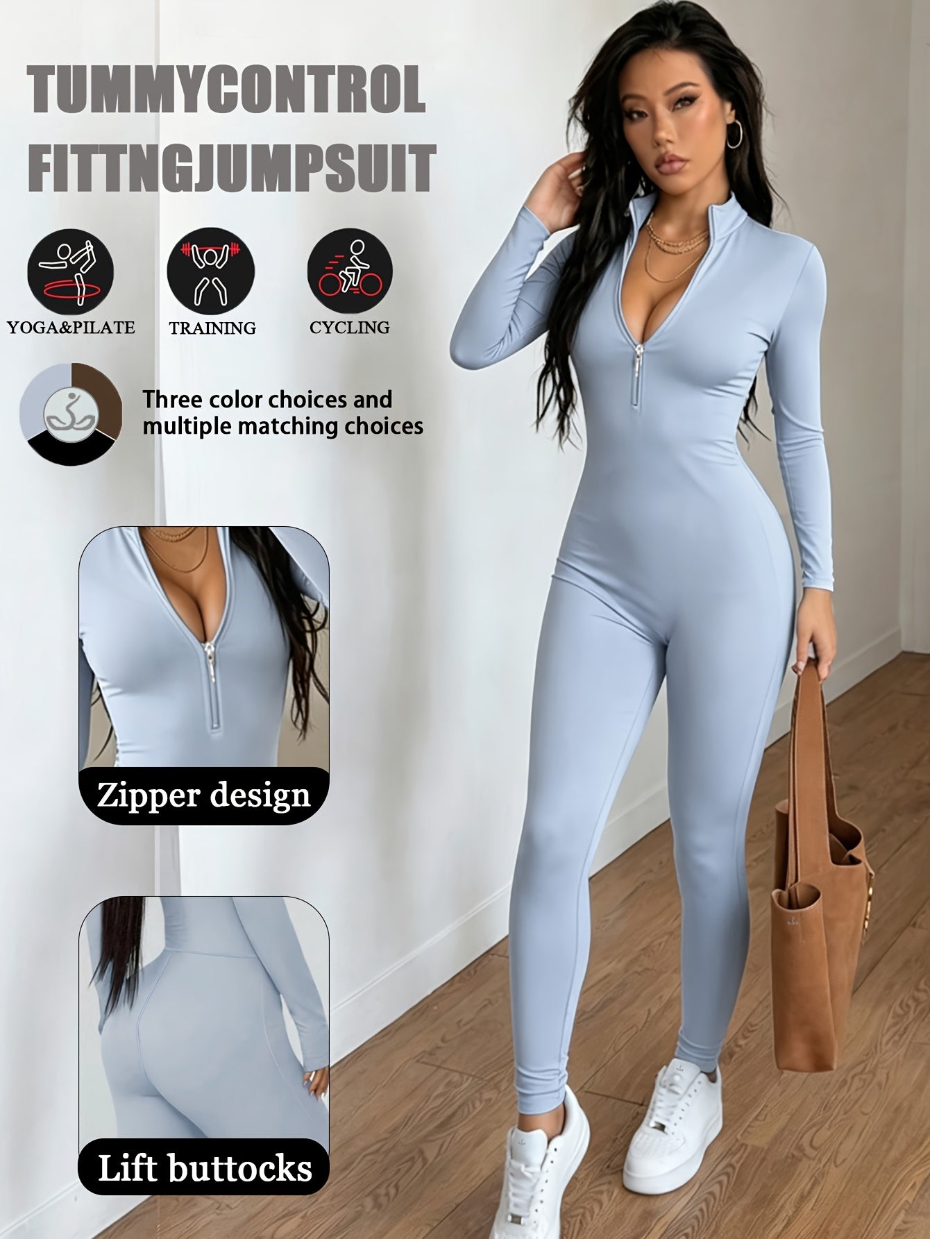 Women'S Solid Color Long Sleeve Skinny Jumpsuit, Front Half Zipper Design, Comfortable And Slim-fitting Jumpsuit, Casual And Versatile, Suitable For Cycling, Running, Yoga, Tennis And Other Training.