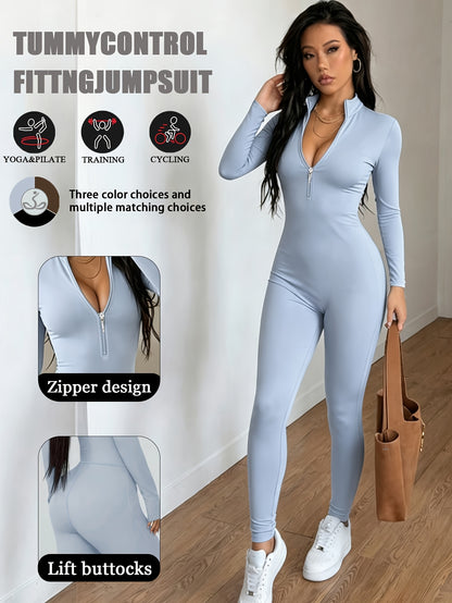 Women'S Solid Color Long Sleeve Skinny Jumpsuit, Front Half Zipper Design, Comfortable And Slim-fitting Jumpsuit, Casual And Versatile, Suitable For Cycling, Running, Yoga, Tennis And Other Training.