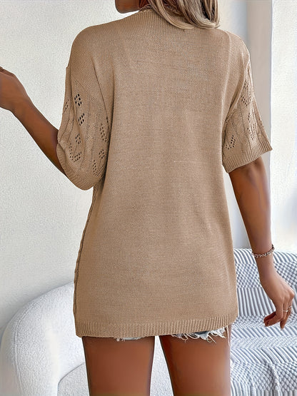 Plus Size - Summer New Arrival Women'S Openwork Short Sleeve Cardigan Loose Mid-Length Cover-Up Lightweight Breathable Outerwear Top
