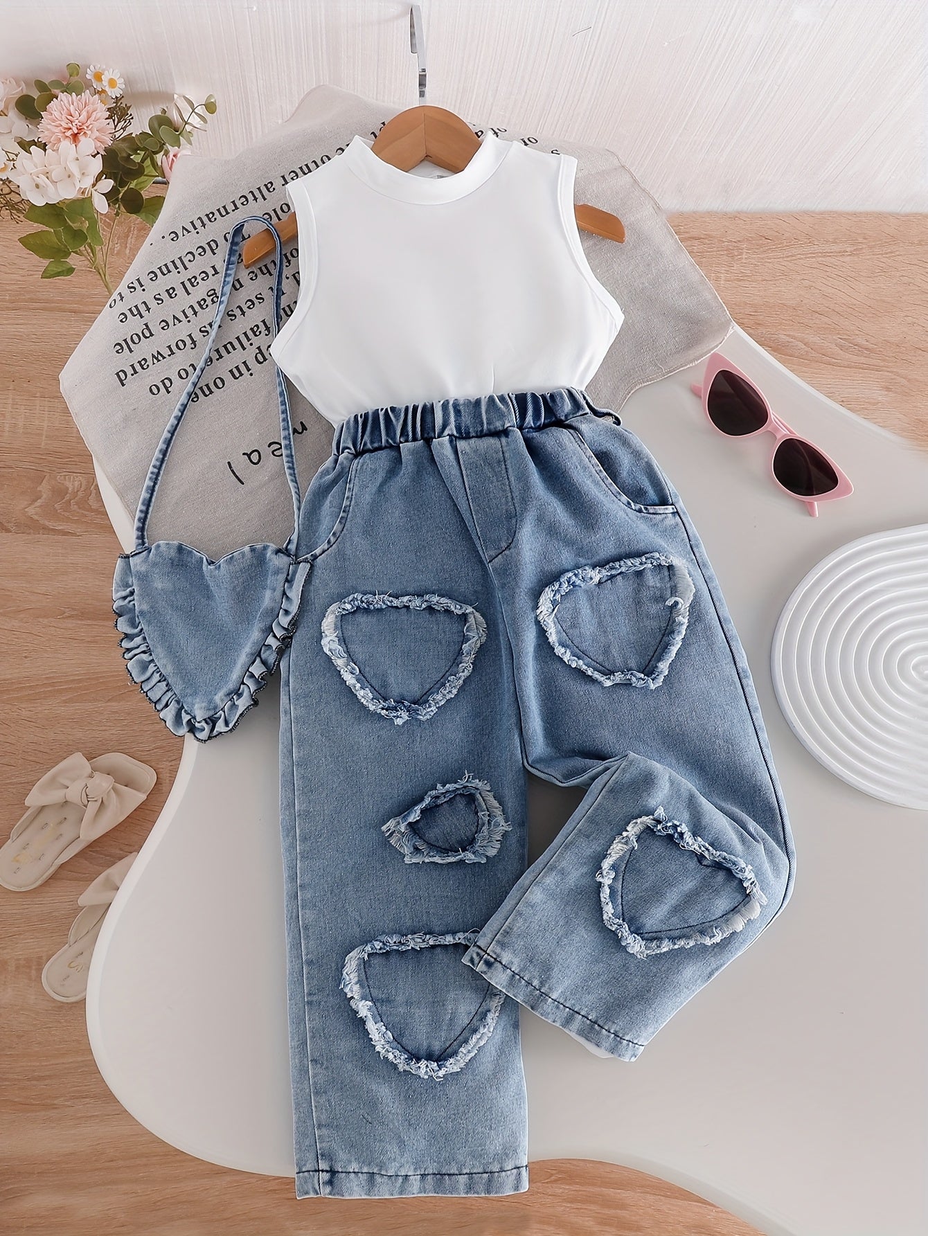 Young Girls 2PCS Summer And Autumn Outfit – Sleeveless White Tank Top & Heart Fringe Patch Washed Denim Pants Set, Cute Casual Clothes, Girl clothes 7 8 years, y2k kids clothes