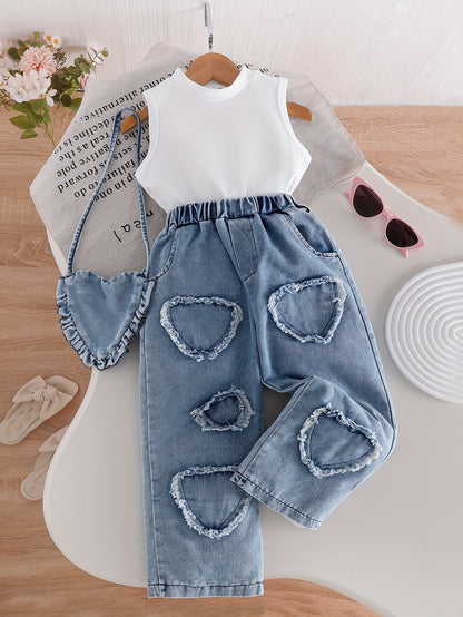 Young Girls 2PCS Summer And Autumn Outfit – Sleeveless White Tank Top & Heart Fringe Patch Washed Denim Pants Set, Cute Casual Clothes, Girl clothes 7 8 years, y2k kids clothes