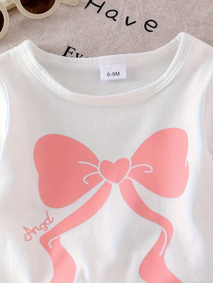 2pcs Bow Print & Bow Detail Denim Shorts and Matching T-Shirts | Soft Casual First Outfits Suitable for Girls, Spring/Fall Wear, Hand Washable, Perfect for Outdoor