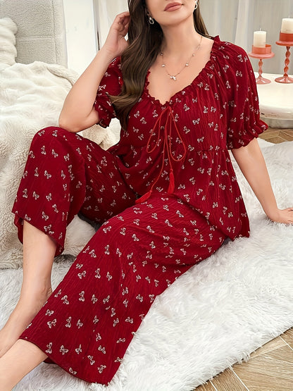 Plus Size Women's Pajama Set, Wine Red Bow Print Puff Sleeve Top & Wide-Leg Pants, Loose Comfortable Loungewear, Sweet Euro-American Style Sleepwear for Home Leisure/Sleep, Soft Skin-Friendly Fabric, Perfect Christmas Gift