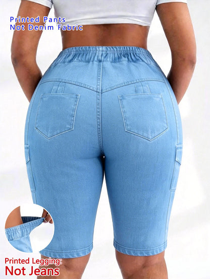 【imitation denim】Printed Pants- Non Denim Fabric 2026 Spring/Summer Hot Trend Non-Denim Base Tight Shorts with Full Elasticity, Retro Print, Suitable for Commuting and, Machine Washable