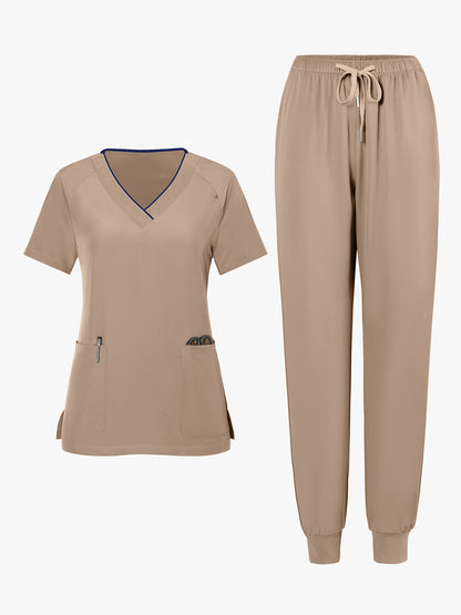 2pcs Set Of Top And Pants, Women's V-neck Frosted Breathable Pocket S Uniform, Brushed Hand Clothes, Work Clothes, Hand Washing Clothes, Pocket Clothes, Leg Binding Pants Set