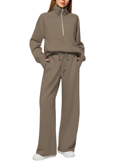 2Pcss Outfits for Women, Oversized Half-Zip Sweatshirt And Wide Leg Sweatpants Set, 2026 Spring Casual Lounge Tracksuit Women'S Trendy 2Pcss Matching Set, Oversized Quarter-Zip Pullover And Loose Wide Leg Trousers, Chic Spring Sporty Outfits