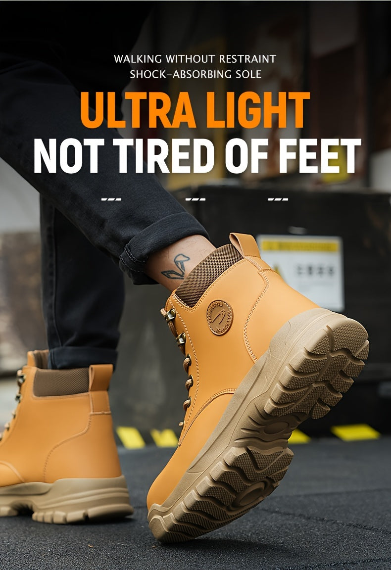 Men's Solid Color Classic High Top Plain Toe Steel Toe & Puncture Proof Safety Boots, Comfy Non Slip Durable Lace Up Work Shoes, Men's Constructional & Industrial Footwear