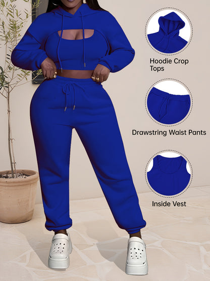 Women'S 3pcs Sweatsuits Sets Sexy Super Cropped Hoodie Tank Top And High Waisted Jogger Sweatpants Matching Loungewear Athleisure Outfits