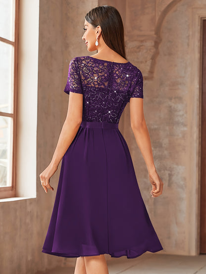 24224 Elegant Womens Sequin Lace Chiffon A Line Bridesmaid Dress, V Neck Short Sleeves, Ruched Ruffle Hem, Perfect for Graduation Season, Wedding Season, Summer Wedding Guest, Evening Party, Cruise Party And Birthday Celebration