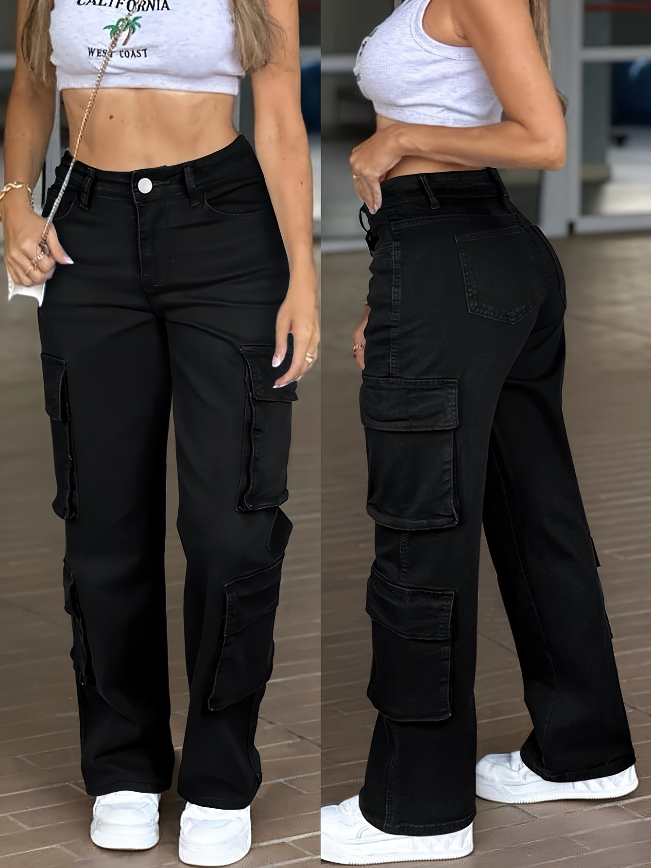 Work Pocket Straight High Waist Straight Jeans, Women's Casual Style Multi-pocket Work Jeans with Stretch And Comfort Heavy Wash Women's Jeans And Clothing