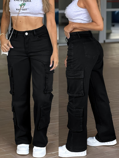 Work Pocket Straight High Waist Straight Jeans, Women's Casual Style Multi-pocket Work Jeans with Stretch And Comfort Heavy Wash Women's Jeans And Clothing