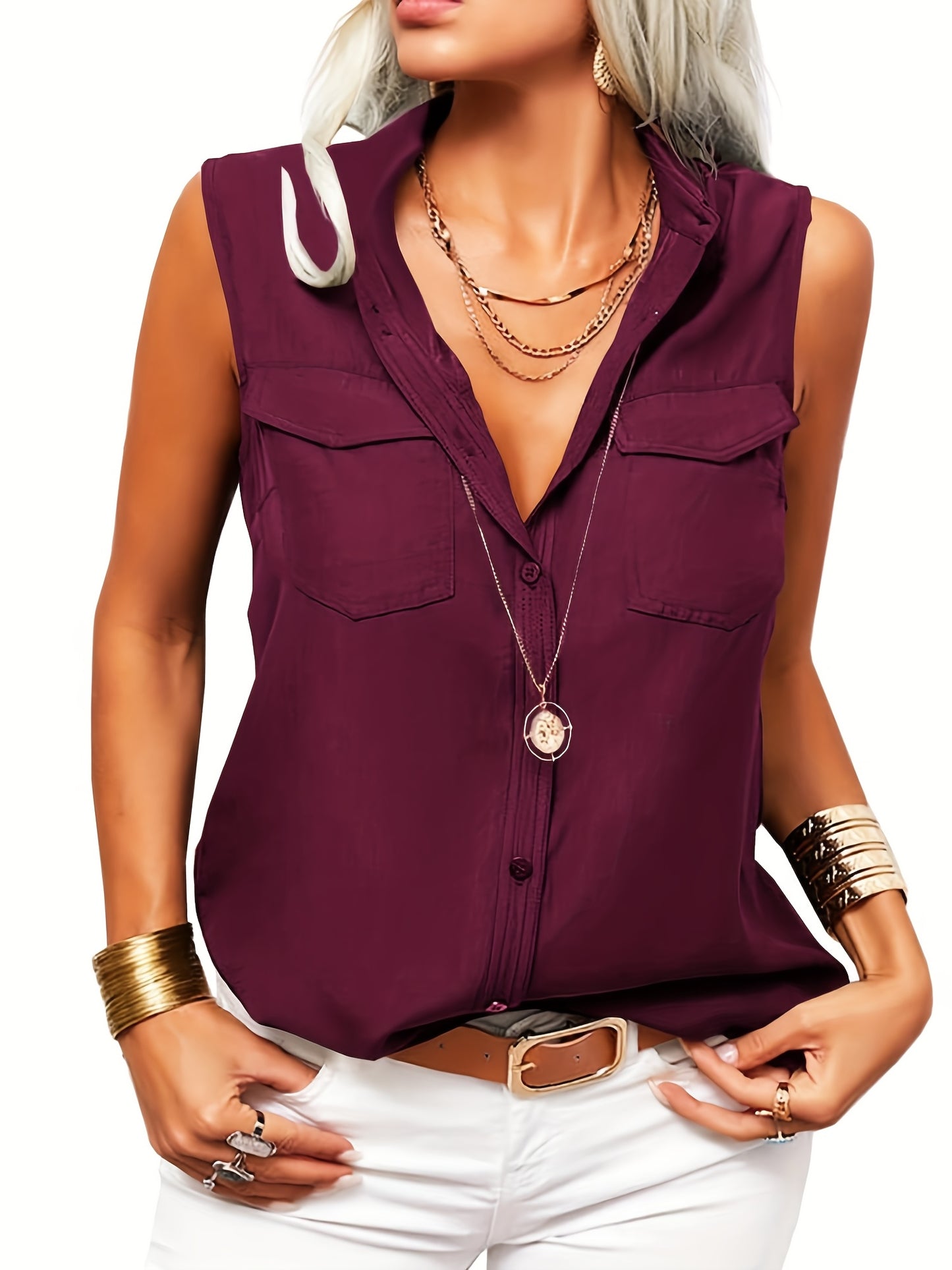 [Women's Slim Fit Lapel Collar Long Sleeve Blouse]-Office Blouses for Women Work, Button Shirt Women, Dressy Casual with Chest Pocket, V Neck Casual Work Blouse Top, Solid Color Roll-Up Cuffs, Spring/Fall Wear, 2025 Trendy