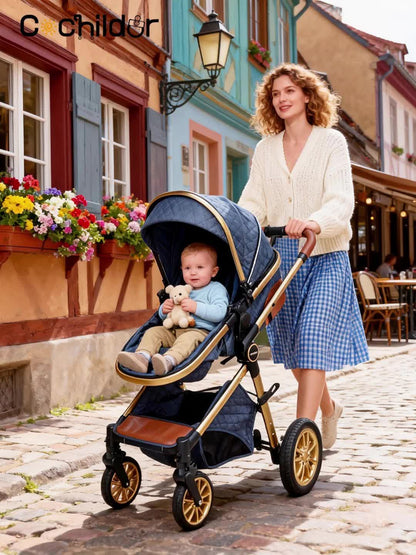 Cochildor Foldable Baby Stroller, Shock Absorption & All-Terrain Tires, Reversible Forward-Facing Push Adjustable Handlebar Large Sun Canopy Storage Basket, Lightweight Durable Polyester Frame, for Travel Shopping Park, Grey/Blue/Black