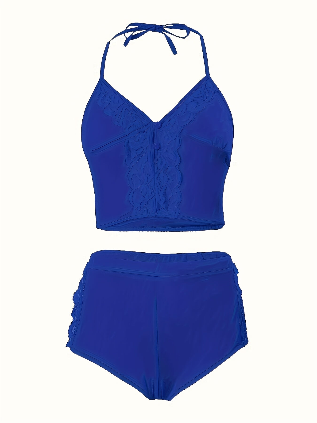 Spring/Summer New Gift Set: Solid Color Lace Trim Halter Neck Tie-Back Button-Up Open-Back Lace Trim Soft Skin-Friendly Sexy Home Sleepwear Set