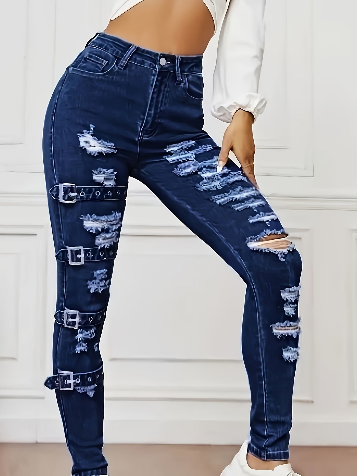 Ladies Stretch Deep Blue Hole Elastic Retro Tight Jeans