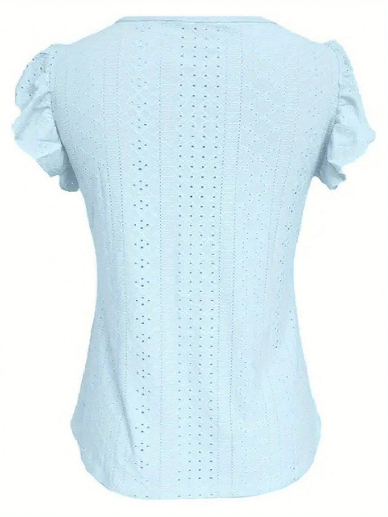 Women's Elegant V-Neck Ruffled Short Sleeve Top with Decorative Buttons, Casual Eyelet Embroidered Jacquard T-Shirt for Spring& Summer, Women's Clothing