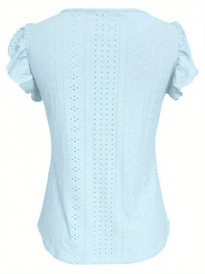 Women's Elegant V-Neck Ruffled Short Sleeve Top with Decorative Buttons, Casual Eyelet Embroidered Jacquard T-Shirt for Spring& Summer, Women's Clothing
