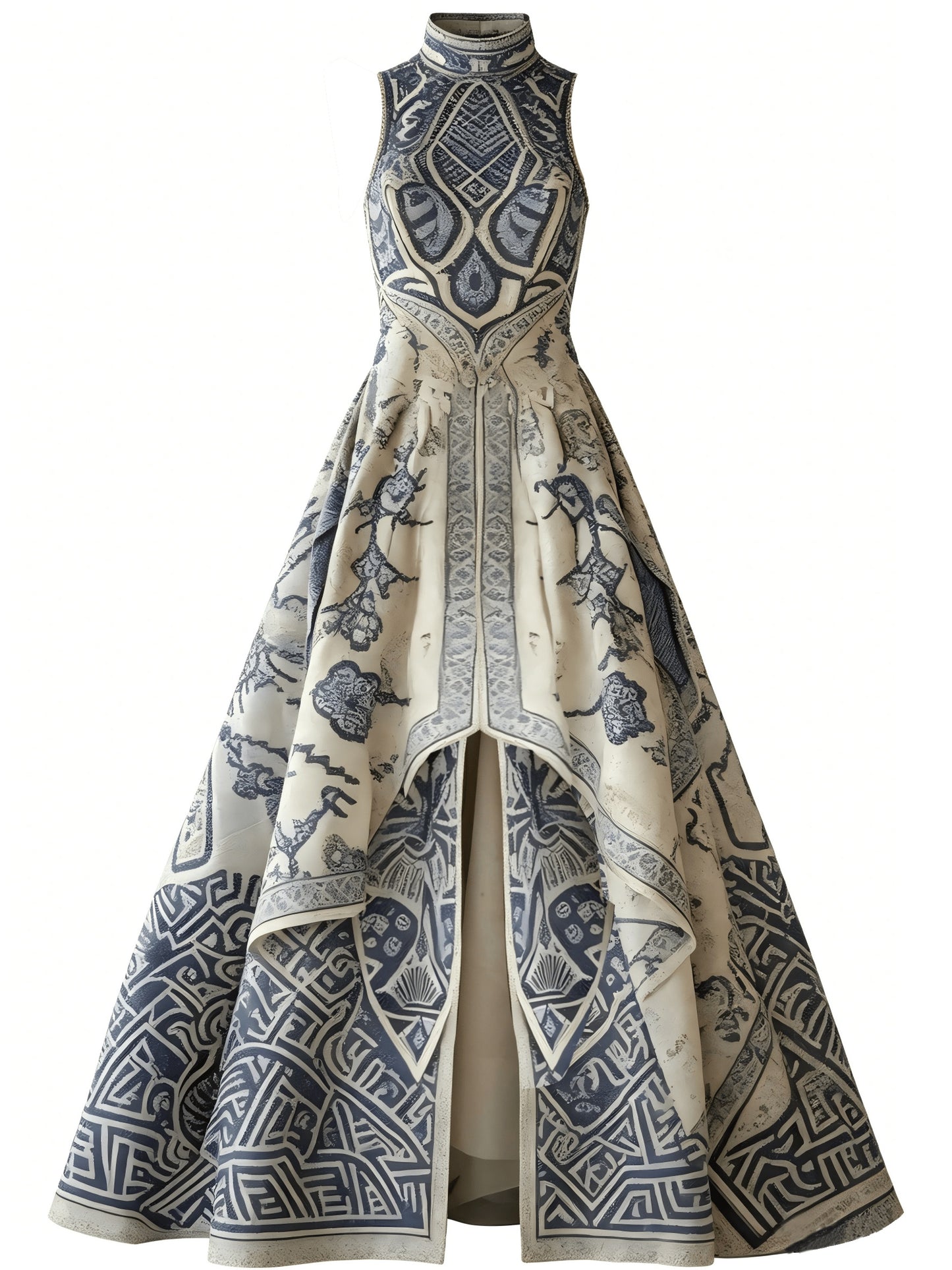 Asymmetrical Blue Porcelain Print High Neck Sleeveless Evening Gown, High-Low Hem Front Slit Formal Dress, Gala Wedding Guest Prom Outfit