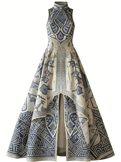 Asymmetrical Blue Porcelain Print High Neck Sleeveless Evening Gown, High-Low Hem Front Slit Formal Dress, Gala Wedding Guest Prom Outfit