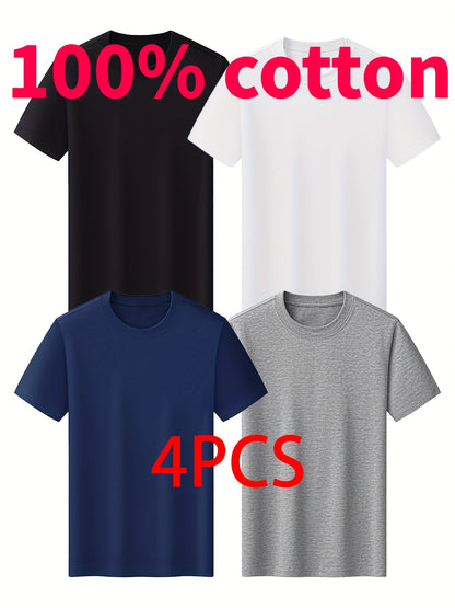 4pcs Men's Summer Cotton Solid Color T-shirt Lightweight Round Neck T-shirt Tops, Daily Casual for Summer Sports-5001