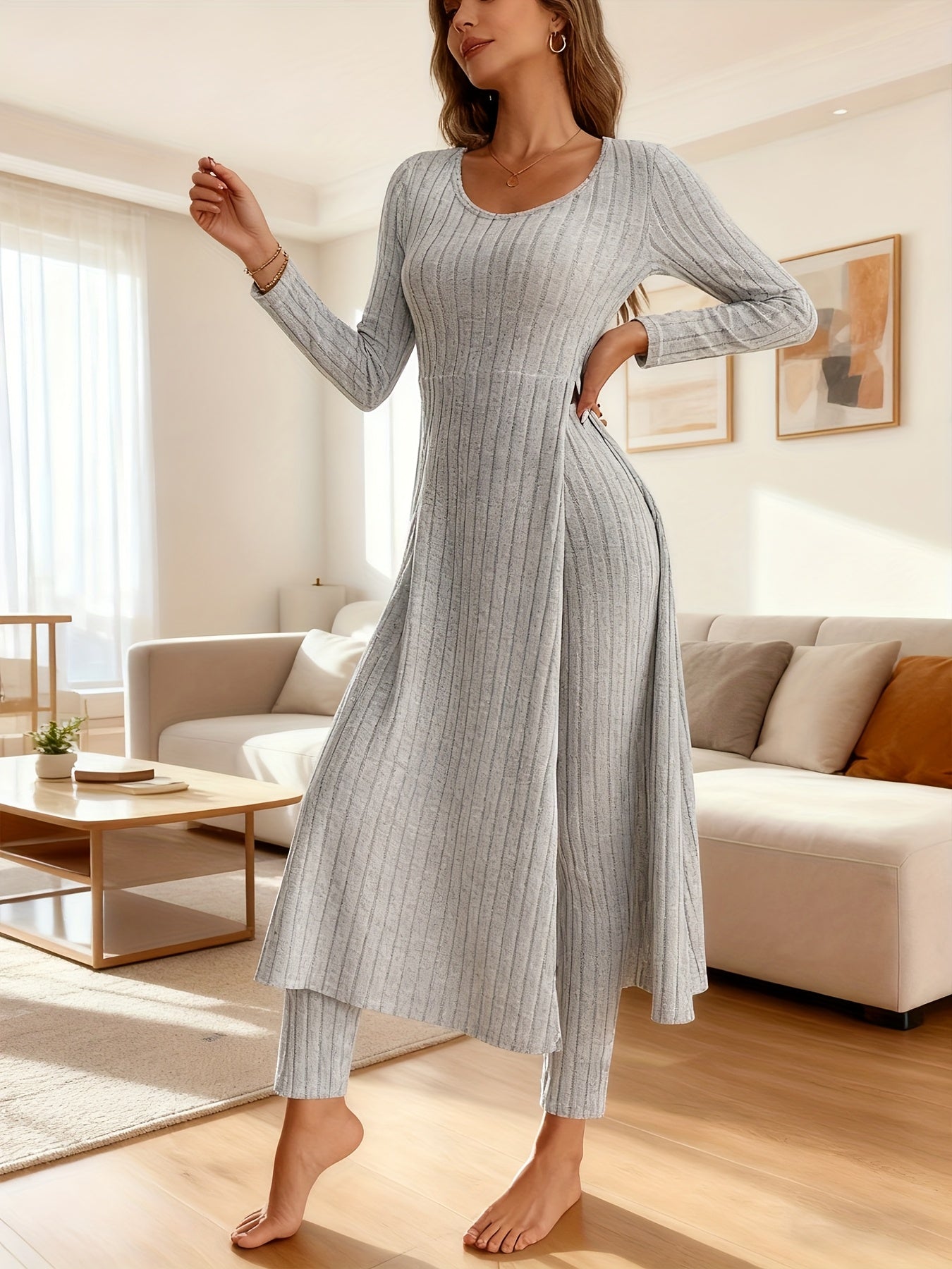 Women'S Heavyweight Fleece Two-Piece Set - Oversized Long Sleeve Lounge Outfit with Wide-Leg Pants, Cozy Winter Warmth, Soft Ribbed Texture & Minimalist Design for Home, Office, Casual Outings - Fall Winter Clothing (No Transparency
