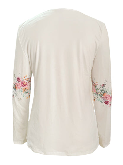 New Spring And Autumn White Studded Rose Print Long-sleeved T-shirt Casual Top