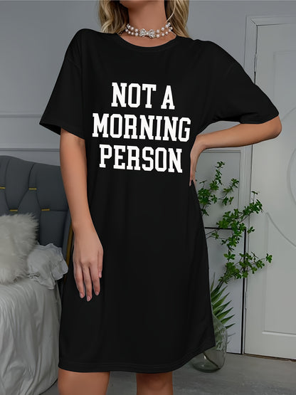 Not an Early Bird Slogan Printed Comfortable Women's Short Sleeve Round Neck T-Shirt Pajamas- Casual Pajamas, Machine Washable Polyester Blend