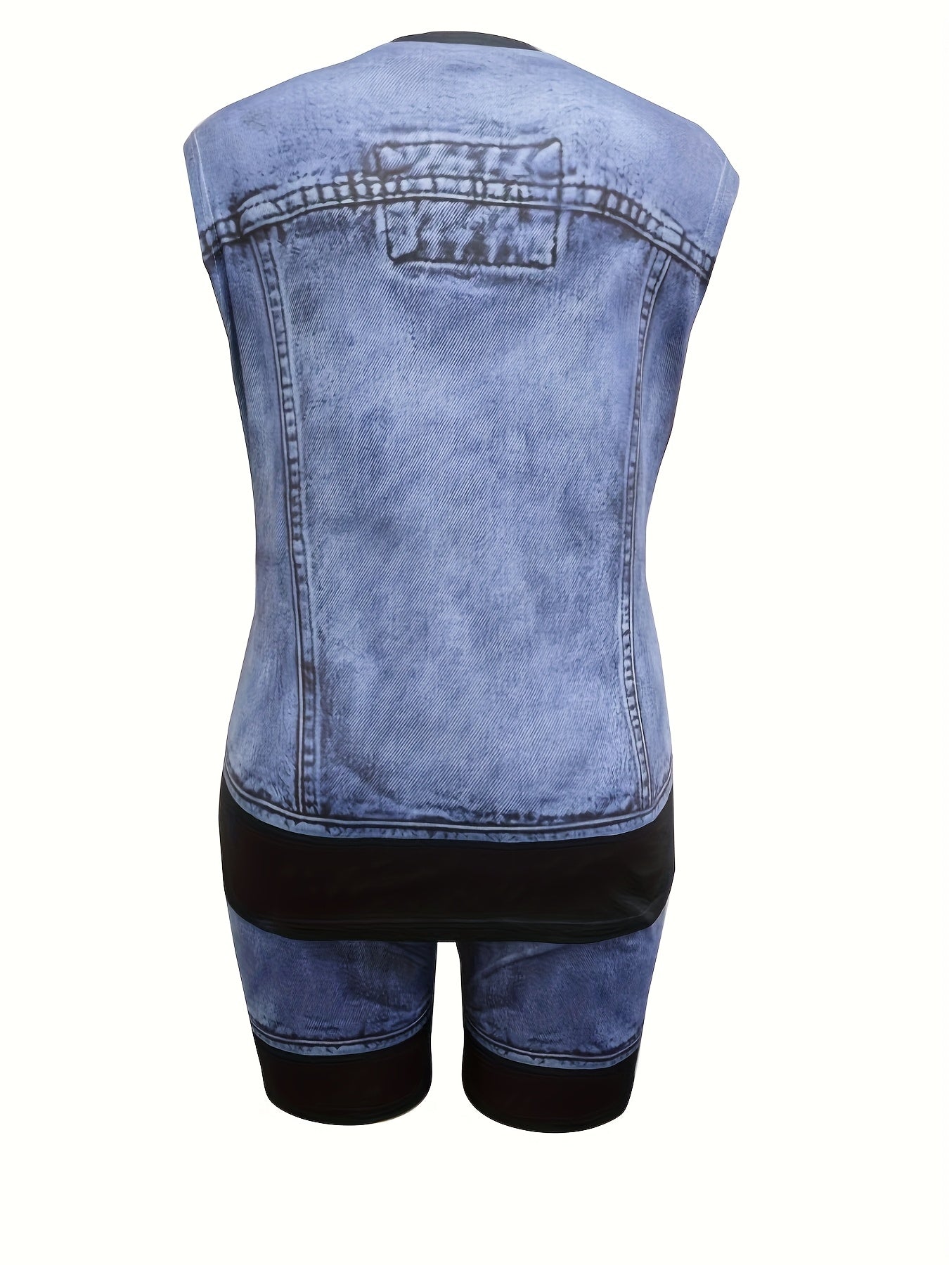 [Printed Pants - Not Denim Fabric] [Denim Print/ Denim Imitation]Women's Full-body Denim Imitation Print Two-piece Set. Loose Casual Sleeveless Top with Fitted Shorts. Round Neck Loose Top + Tight Shorts Set.