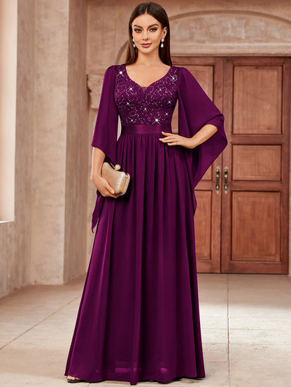 53303 Elegant Women's Lace & Sequin Bridesmaid Dress - A-Line Maxi Wedding Gown with 3/4 Bell Sleeves, V-Neck Color-Block (Bodice &), Machine Washable Bridesmaids Gown for Weddings, Parties, Prom